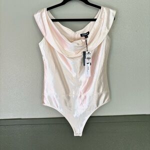 Express Satin Cream Off-Shoulder Thong Bodysuit NWT Size XS